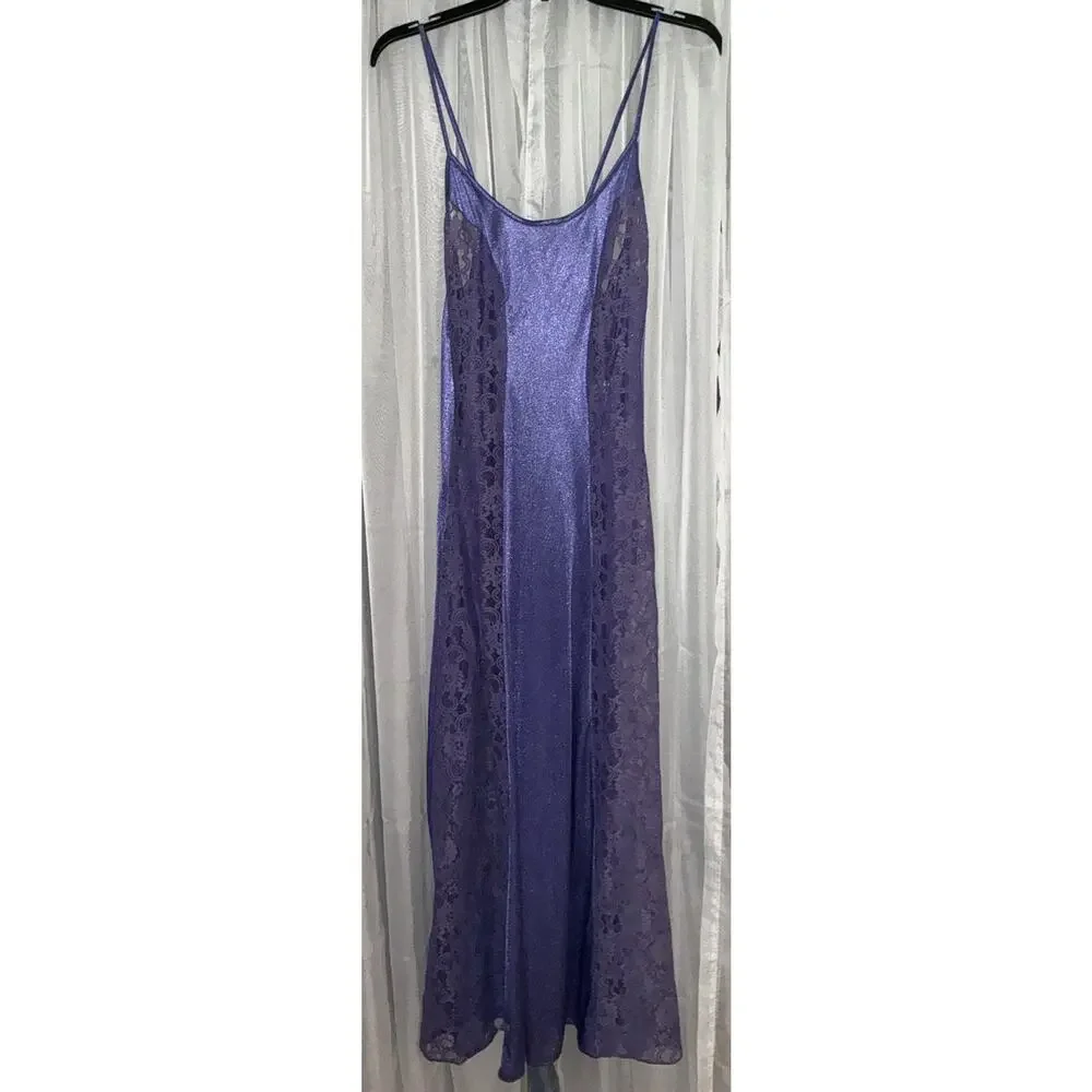 Vintage Lavender Lace Full Slip Silky Maxi Nightgown Storybook Romance Size M